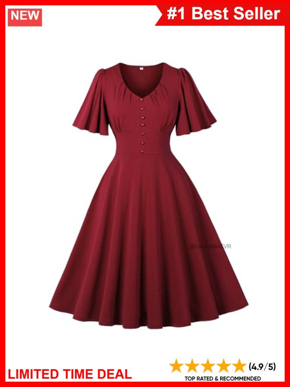 Vintage Fit & Flare Cocktail Dress Flare Sleeves V-Neck Button Front